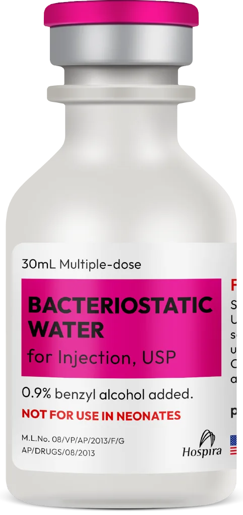 A 30 mL multiple-dose vial of Bacteriostatic Water for Injection, USP, labeled 0.9% benzyl alcohol added and not for use in neonates.